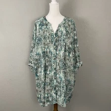 Catherines 3X Blouse 26/38W Button Front Tunic Teal Green Print Pintuck Pleats