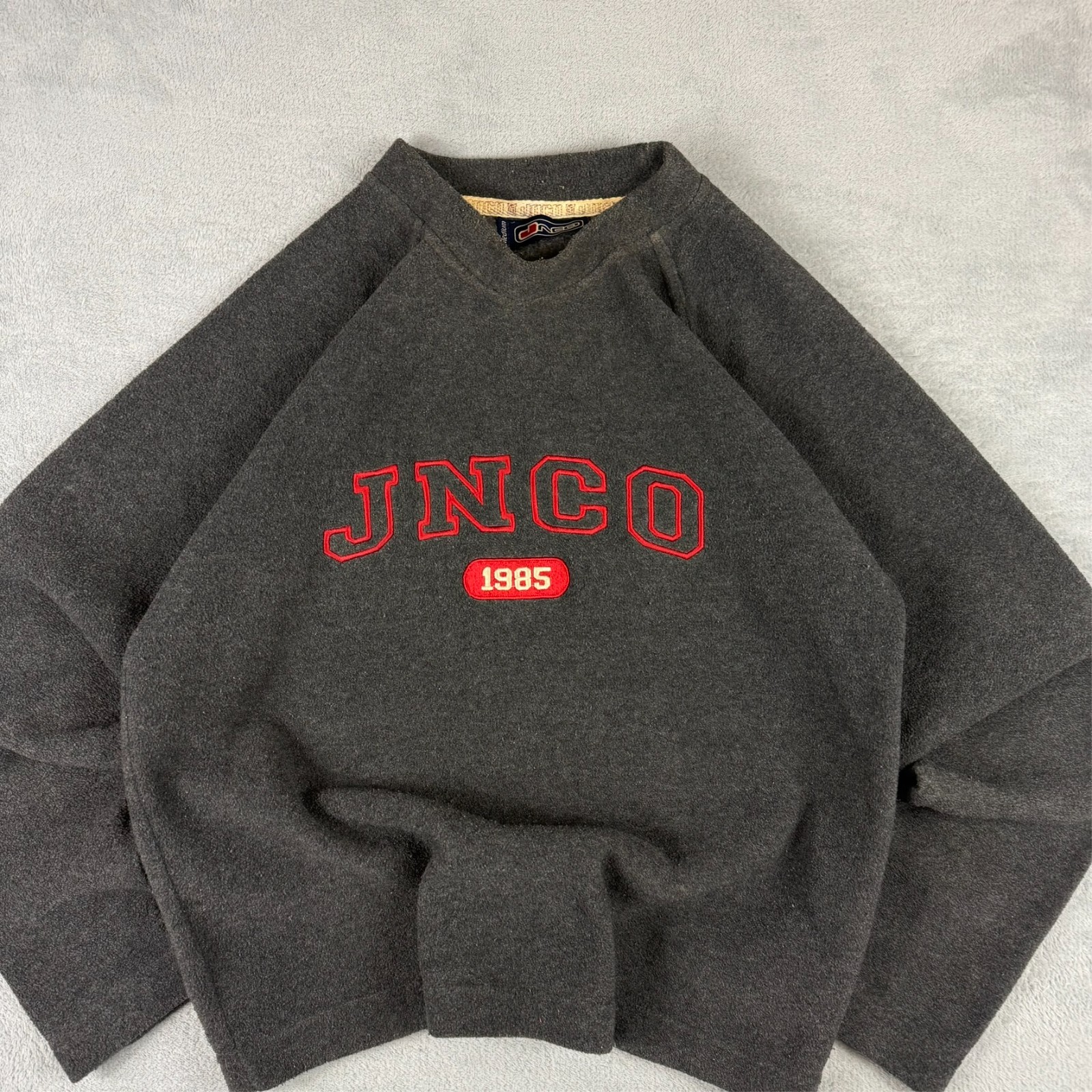 Women's Vintage JNCO 1985 Y2K Grey Fleece Spellout Medium Sweatshirt image 3