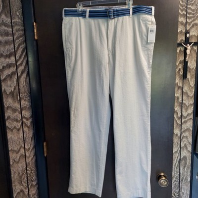 New Izod Men's Sandy Bay Seersucker Pants Straight Fit Ivory Blue Belt