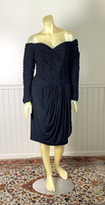 Vintage 1980's Victor Costa Black Off Shoulder Ruched Cocktail Dress - Size 12