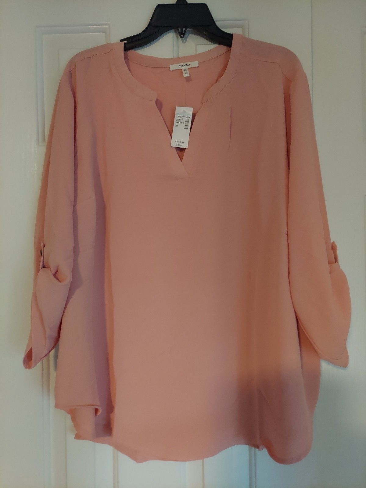 Maurices Womens Peach V-Neck 3/4 Roll Tab Sleeve Blouse Size 2X NWT