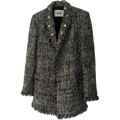 MSGM Milano Black White Tweed Boucle Fringe Blazer Jacket IT 46 US 10 2341MDG03