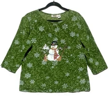Collections Etc Green Christmas Top Women's Extra Large Winter Snowman Accent