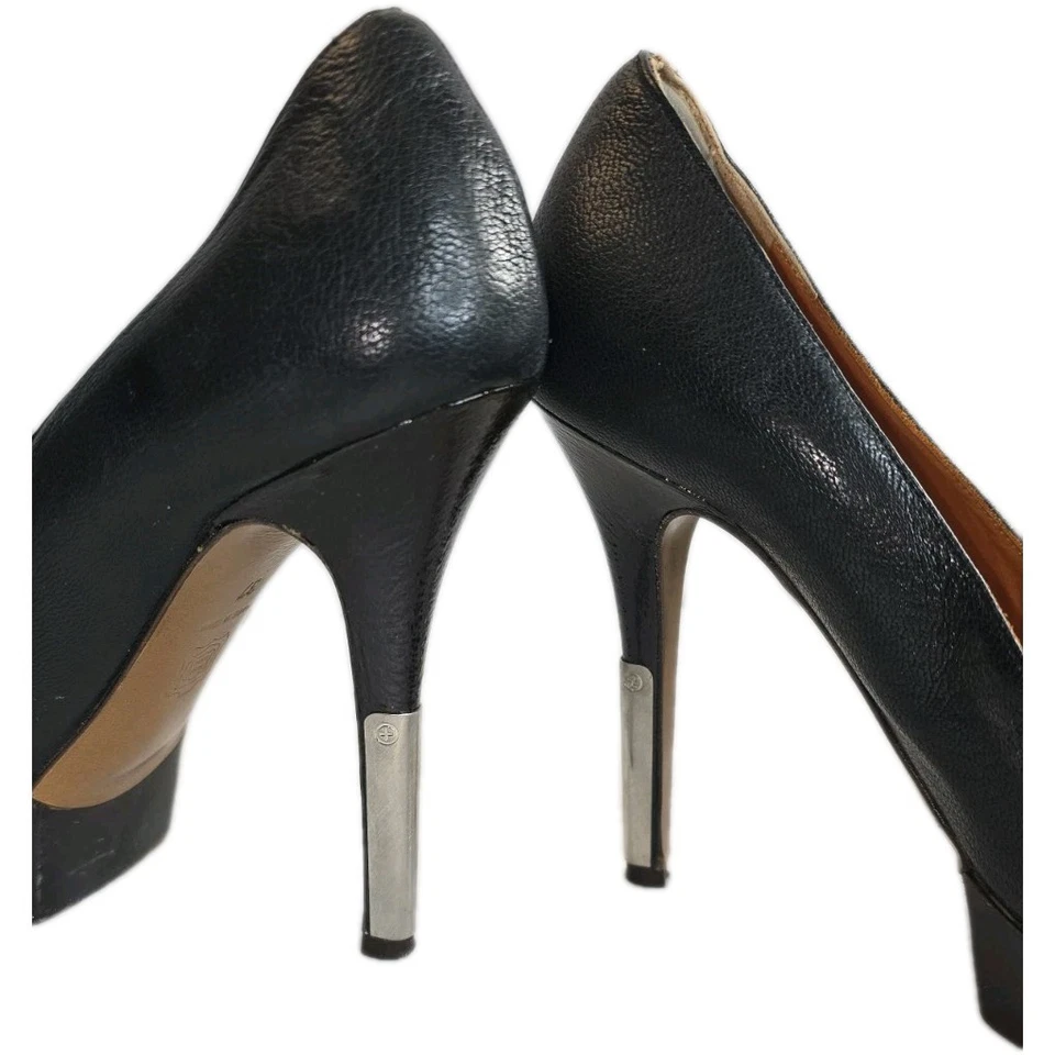 BOMBAS LANVIN CUERO NEGRO STILLETO PLATA ENVOLTURA CURACIÓN PUNTA REDONDA talla 37 6,5 o 7 Foto 2 de 4