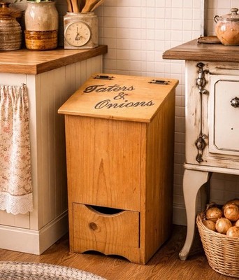 Vintage 90 s Potato s & Onions Wooden Bin W/ Drawer Granny Cottage Core Kitchen