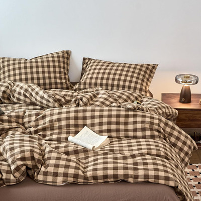 King Size Coffee Checkered Duvet Cover Set with 2 Pillowcases, 104''X90