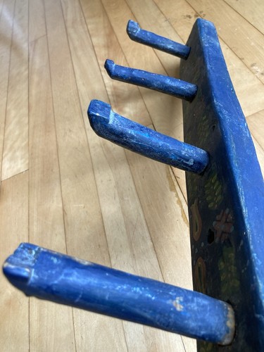 Antique Primitive Handmade wooden peg hanging rack with old blue Paint