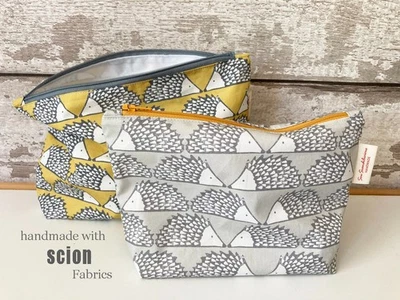 HANDMADE BY SEW SCANDILICIOUS LTD Scion Fabric makeup bag zip nappy wash bag Spike Hedgehog Yellow Grey Blue Green