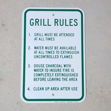 Grill Rules Metal Sign 12" X 18" White And Green BBQ Street Sign