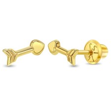 14k Gold Love Heart Arrows Kids / Children's / Girls Earrings Safety Screw Back
