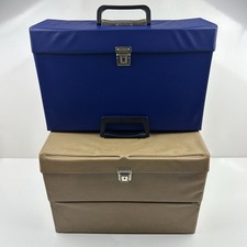 2 x Vintage VHS Video Cassette Tape Carry Case Storage Box Brown/Blue with Keys