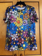 Womens Multicolor Floral Crew Neck Short Slee...