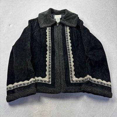 vtg 70-80s Suede Leather Shearling Jacket Western Boho Embroidered Ranch Coat