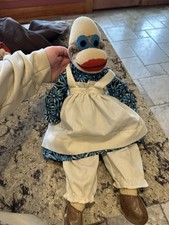 Vintage Handmade Sock Monkey Plush 19" Blue Floral Outfit  Apron  Pants