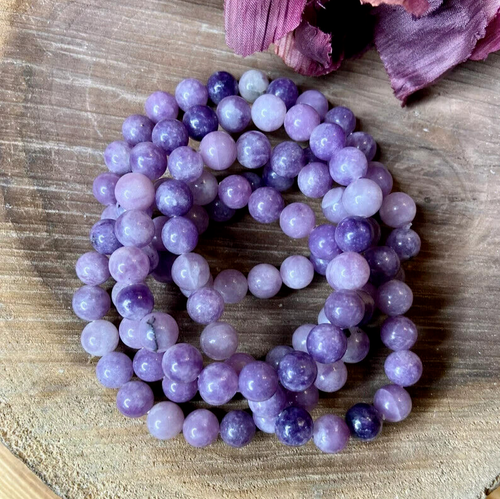 Bracciale con perle originali Lepidolite 8 mm cristallo viola pietre preziose braccialetto elastico - Foto 7 di 8