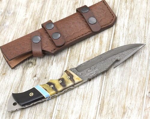 CUSTOM HANDMADE FORGED DAMASCUS STEEL HUNTING GUT HOOK FIX BLADE KNIFE + SHEATH - Picture 7 of 8