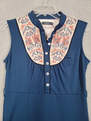 retro theme western dress Theme Western Dress Womens M Medium Blue Embroidered Sleeveless Sheath Retro  Mod