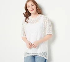 LOGO by Lori Goldstein Layers Star Lace Mesh Shirt Alabaster M New