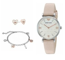 NEW EMPORIO ARMANI GIFT SET,SILVER+ROSE GOLD EARRINGS+BRACELET MOP WATCH AR8039