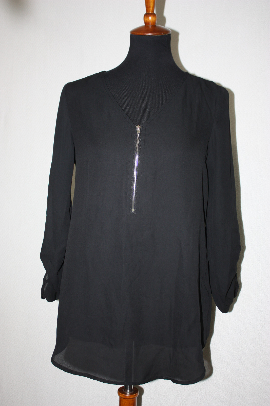 Zac & Rachel Sz S Sheer Black Tunic Long Roll Tab Sleeve 1/2 Zip Pullover