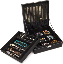 Velvet Jewelry Box Organizer - Lockable 2 Layer Travel Case, Earrings Storage wi