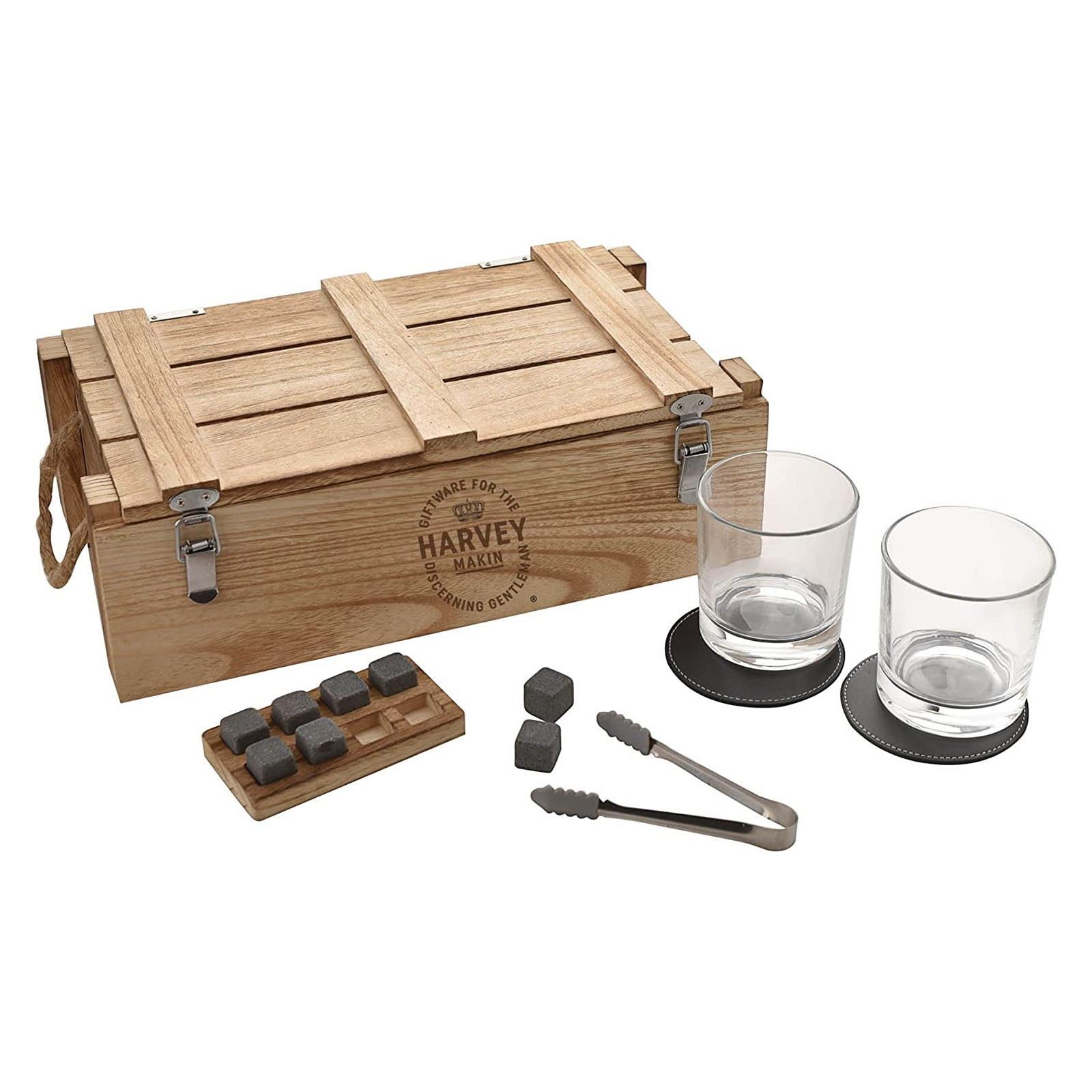 Men's Whiskey Gift Set Glasses, Coasters, Stones & Tongs in Rustic Crate Box