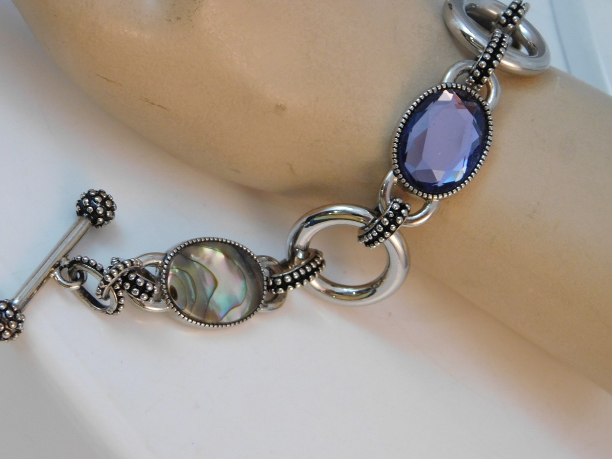 Retired Lia Sophia Abalone Rhinestone Silver Toggle Chunky