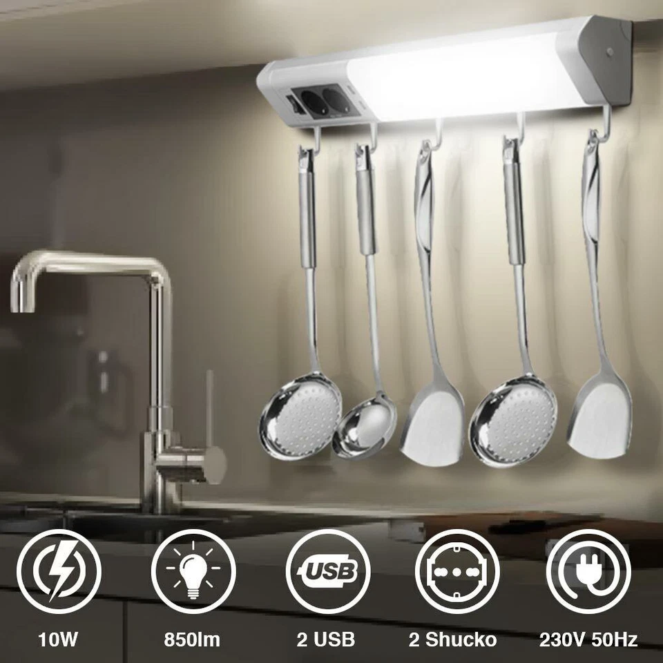 Lampada Luce Sottopensile Cucina Con 5 Ganci Portastoviglie 2 Prese Shucko + USB - Immagine 2 di 4