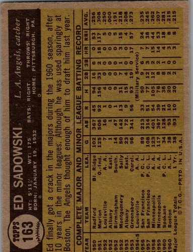 Ed Sadowski 1961 Topps #163 BASEBALL Karte Los Angeles Angels - Bild 2 von 2