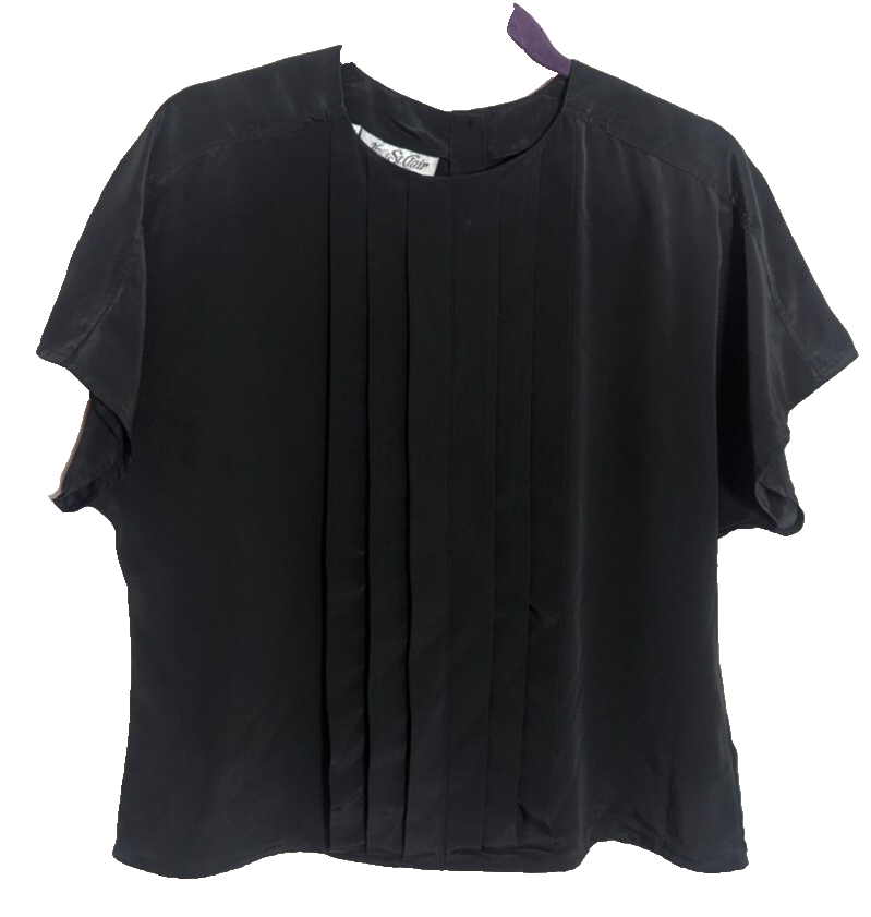 SAINT LAURENT Top vintage YVES ST CLAIR nero raso plissettato manica corta taglia 14 SH4