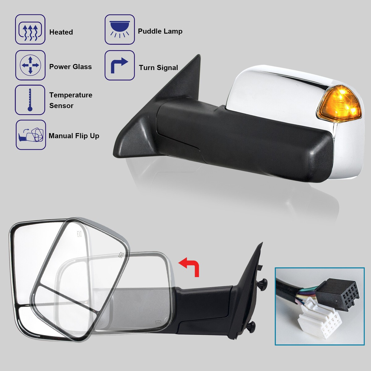 Power Folding Towing Mirrors For Dodge Ram 1500/2500/3500 2009-2018 - Heated, Signal, Puddle Lamp