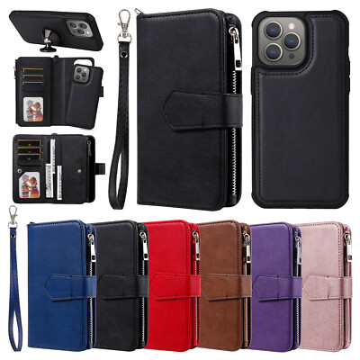 For iPhone 16 Pro Max/15/14/13/12 Magnetic Detachable Zipper Wallet Flip Case