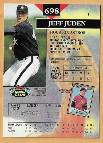 Jeff Judan Houston Astros #698 - Topps Stadium Club casi nuevo-como nuevo 1993 - Imagen 2 de 2