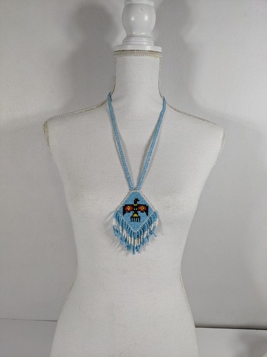 Native American Thunderbird Medallion Necklace Woven Glass Seed Bead Vintage - Picture 9 of 9
