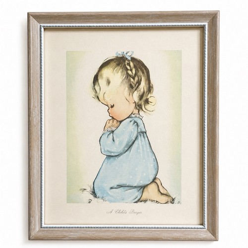 Vintage Child Prayer Picture Girl Kneeling Framed 8x10 Religious Art