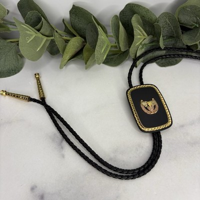 Vintage Landstrom Lazy K Black Enamel 10K Gold Trim Bolo Tie Black Hills Gold
