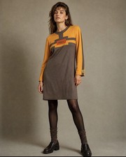 Vintage 80s/90s STEVE FABRIKANT Womens M Wool Colorblock Dress Brown Yellow