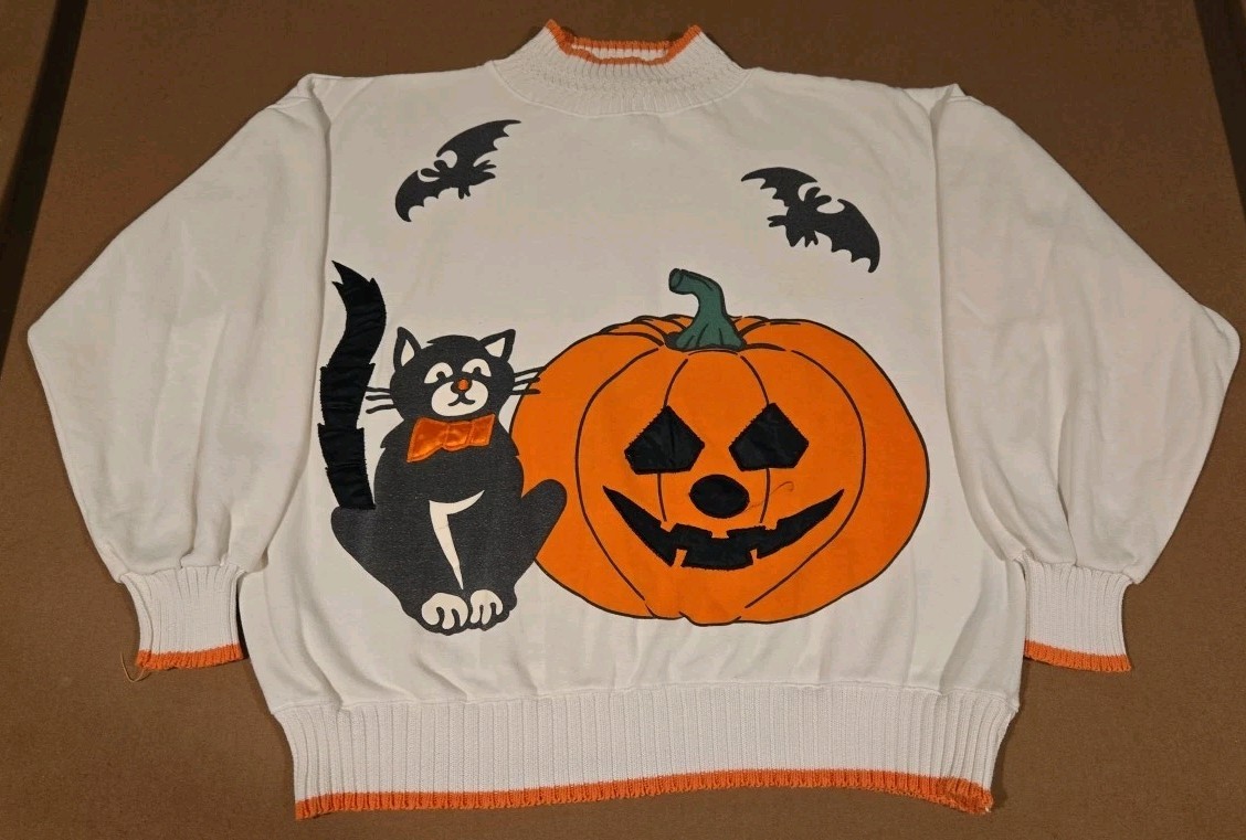 Vintage EB Sport Halloween Sweatshirt XL Black Cat Pumpkin Bats 90s Crewneck