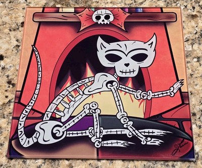 Day Of Dead Skeleton Cat Ladi Loera Glass Art Plate (Decor)