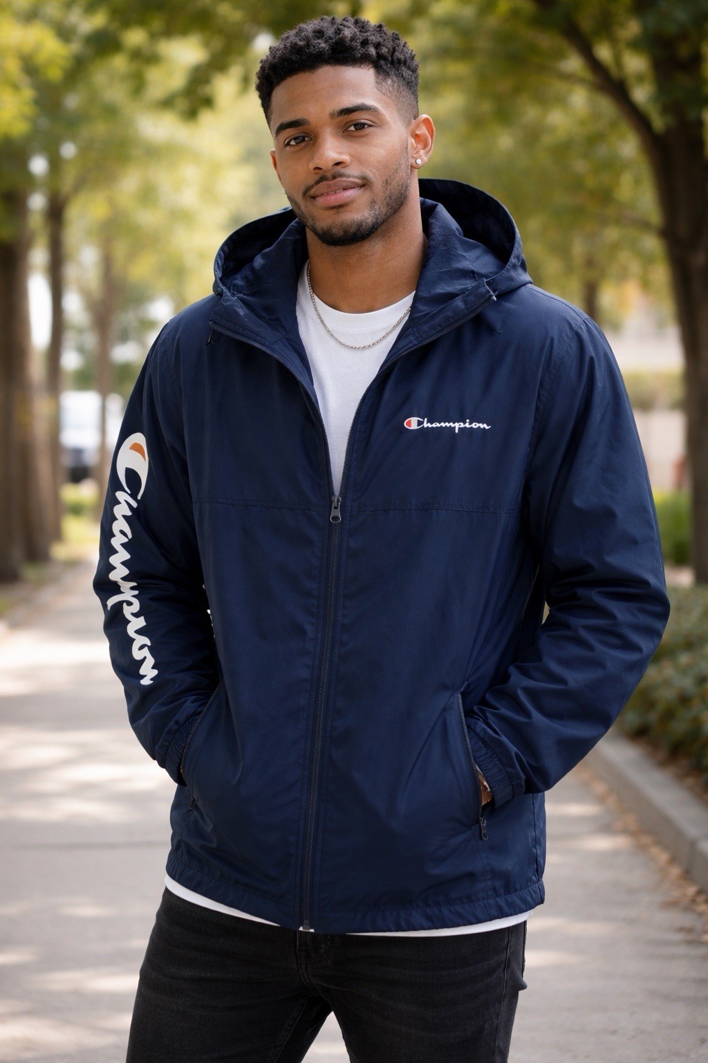 Champion windbreaker mens Large Zip Jacket Hooded Lightweigh