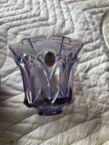Fenton Iridescent Lavender Vase Handmade in USA Carnival Glass  Ruffled Top