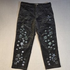 Anthropologie Pilcro Black Velvet Beaded Wide Leg Cropped Pants Size 32