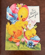 Tarjeta de Pascua vintage Gibson flocada ¡LINDA! Pato mamá y patitos bebé en cochecito de huevos