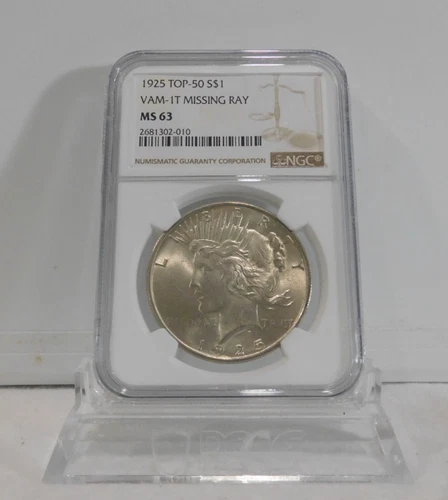 TOP 50!  1925-P  Peace "VAM-1T Missing Ray" Silver Dollar, NGC MS-63!