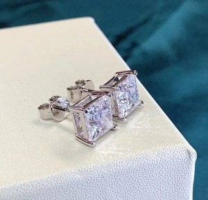 4CT Princess Lab Grown DEFVVSVS Diamond Studs Earrings 14k Solid White Gold #071