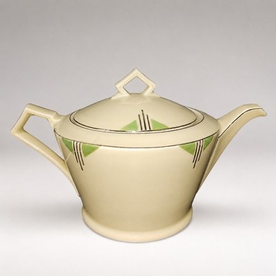 Art Deco 30er Jahre Tschechoslowakei Porzellan Teekanne grün silber geometrisch Tea Pot