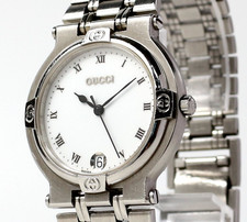 [Near MINT] Vintage GUCCI 9100M Silver White Dial Date Roman Quartz Men's Watch
