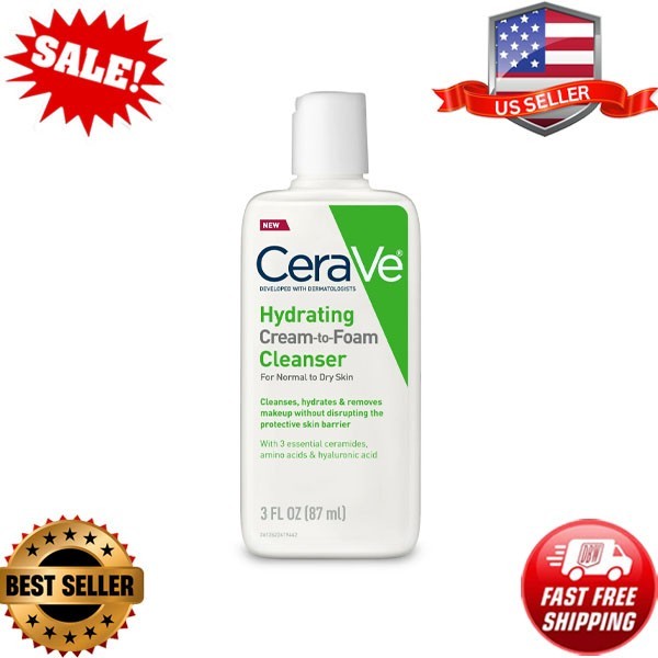 CeraVe Hydrating Cream-to-Foam Facial Cleanser Travel Size for Normal to Dry Skin