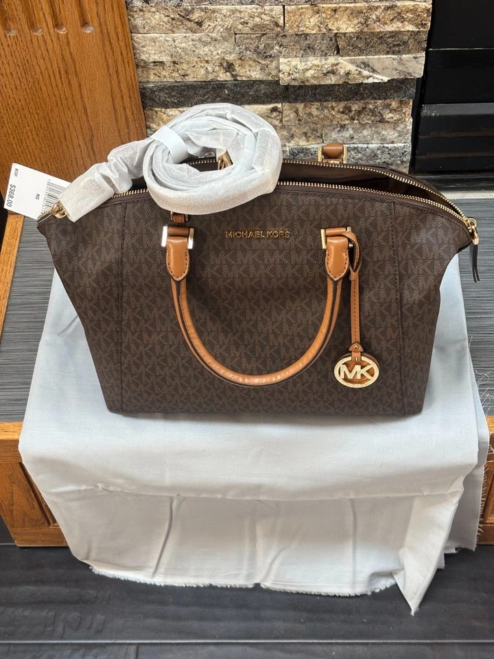 Bolso Cartera Michael Kors Riley Grande Marrón Dorado Cuero Guijarro Top Cremallera, Nuevo con Etiquetas Foto 2 de 4