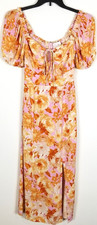 Charles Henry Women Floral Puff Sleeve Midi Dress Size XS Short Sleeve Slit